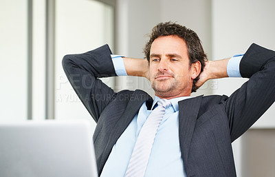 Buy stock photo Business man, relax and stretching with laptop for results, success and confidence in legal startup career. Professional lawyer or attorney on break, done or thinking of future job, case or article
