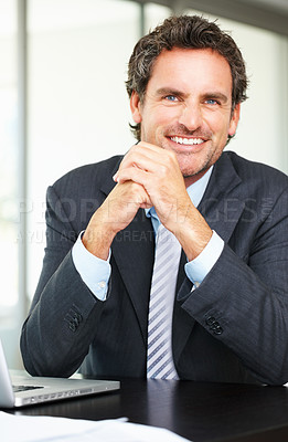 Buy stock photo Business, man and happy in portrait at office for career or job growth with opportunities. Employee, smile and confident with pride as lawyer with law from for legal advice or assistance as ceo