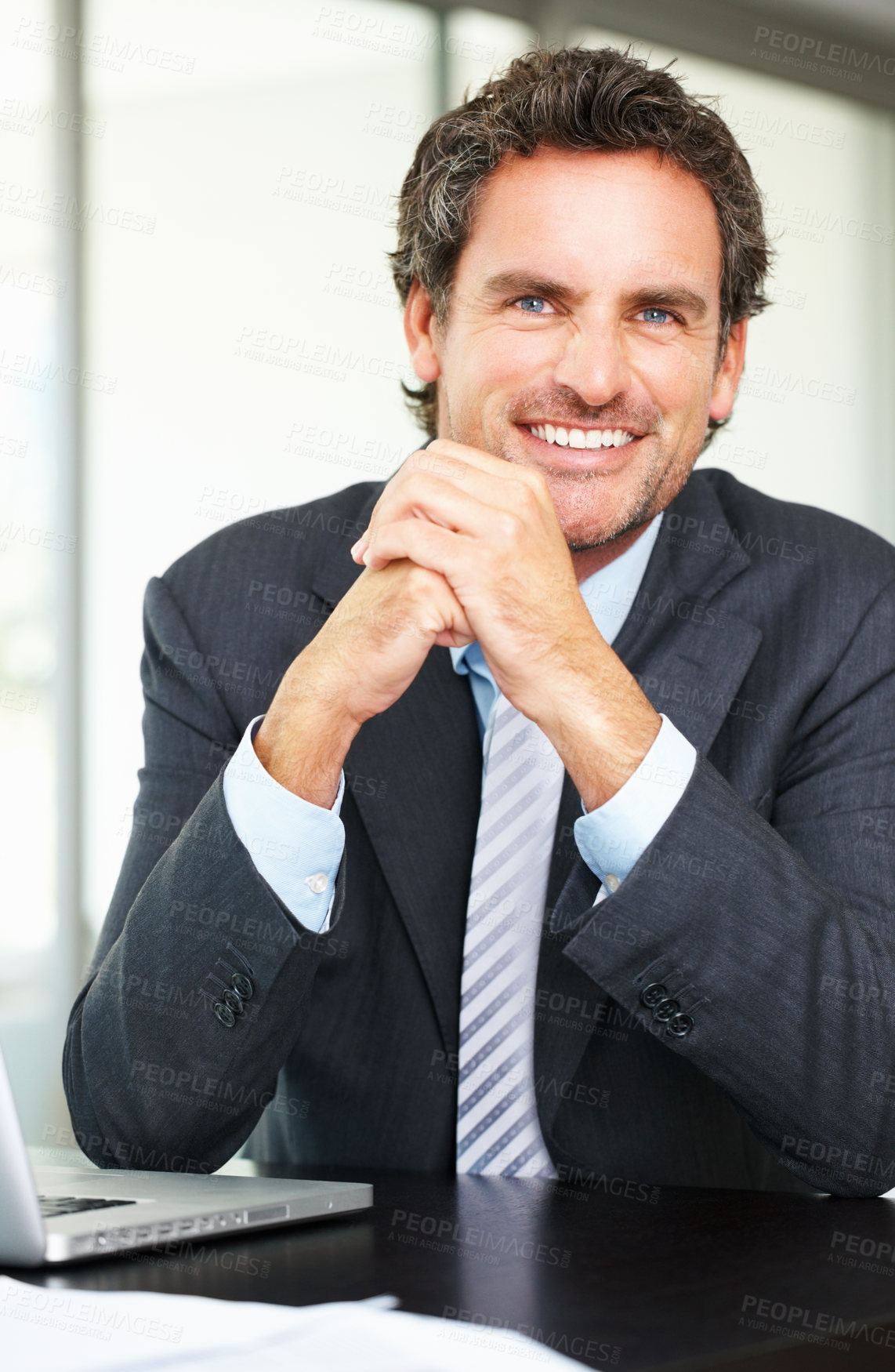 Buy stock photo Business, man and happy in portrait at office for career or job growth with opportunities. Employee, smile and confident with pride as lawyer with law from for legal advice or assistance as ceo