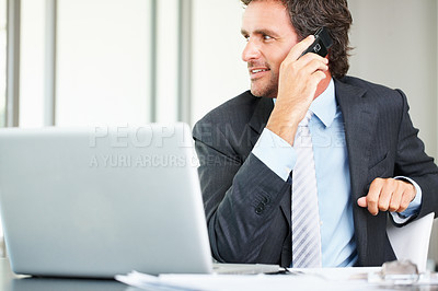 Buy stock photo Smart middle aged business man using cell phone and laptop