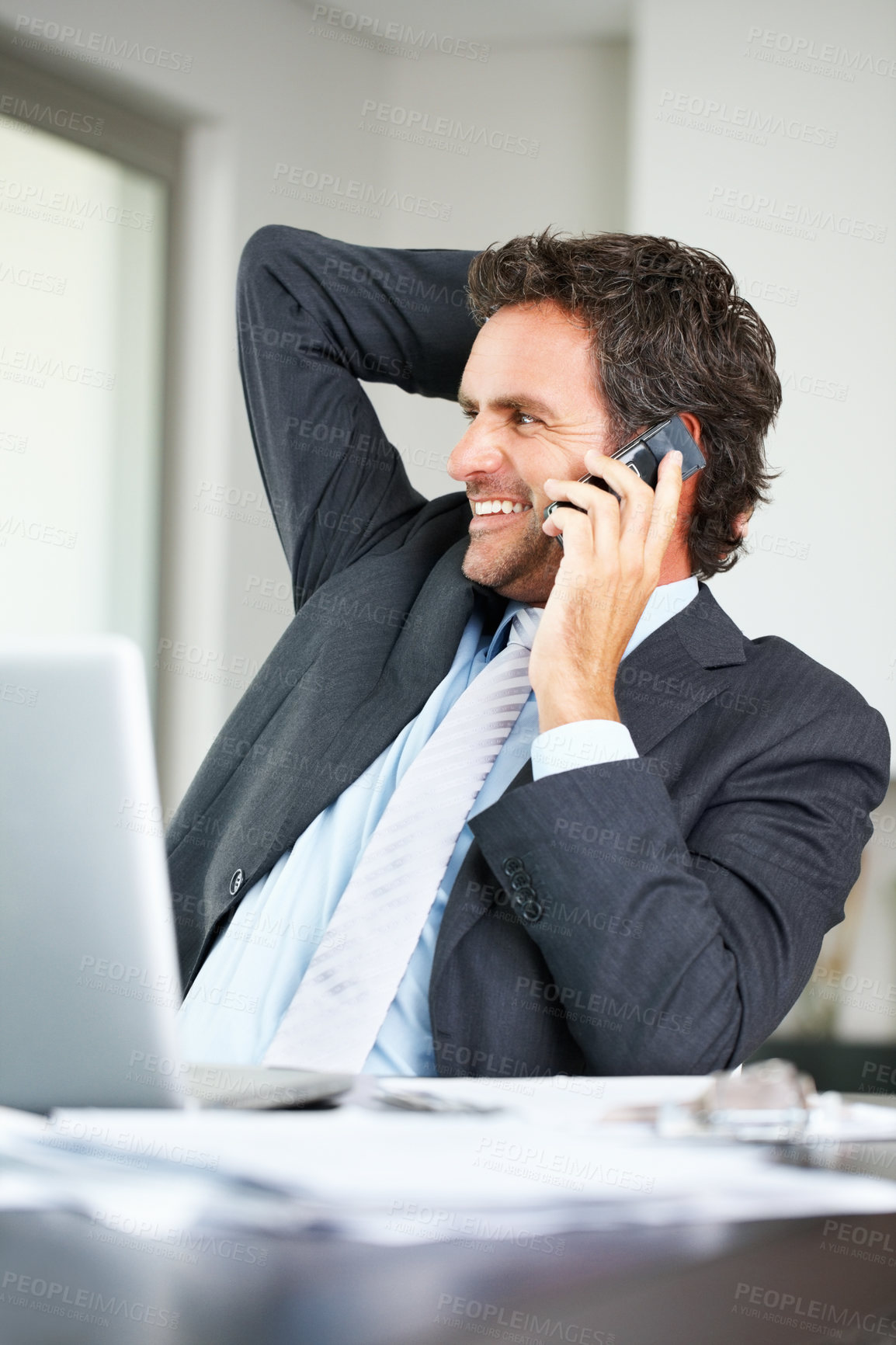 Buy stock photo Businessman, phone call and laptop with thinking for discussion, survey and research questionnaire in office. Cellphone, contact us and communication with CRM manager, smile and service solution