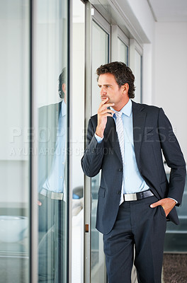 Buy stock photo Businessman, window and thinking at office for career or company growth with opportunities. Employee, ideas and vision for court case as lawyer with law from for legal advice or assistance as ceo