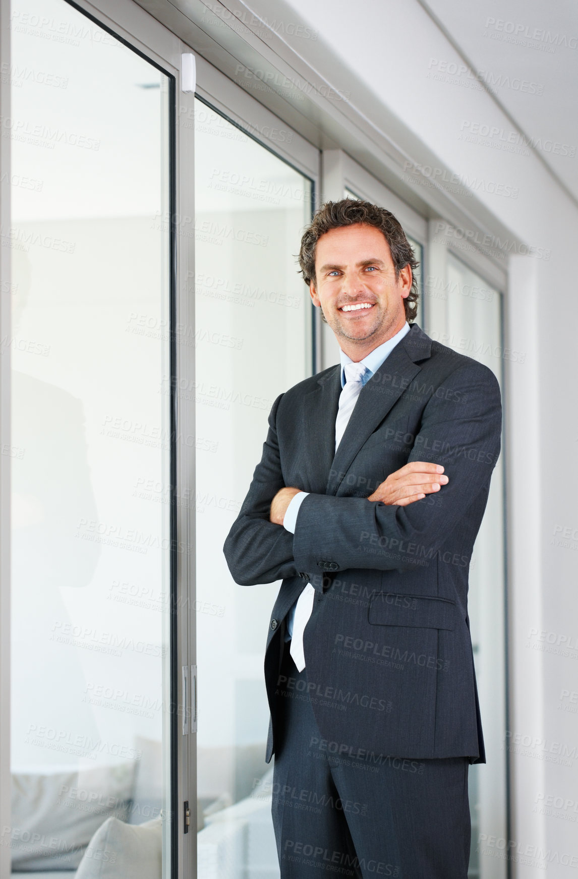 Buy stock photo Businessman, window and happy in portrait at office for career or job growth with opportunities. Employee, smile and confident with pride as lawyer with law from for legal advice or assistance as ceo