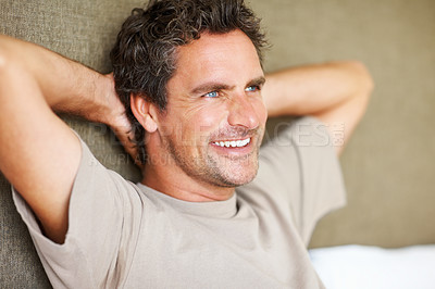 Buy stock photo Face, smile and thinking with a man on a bed, hands behind head in his home to wake up in the morning. Relax, freedom or idea and a happy mature person the bedroom of an apartment with future vision 