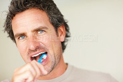 Buy stock photo Dental, man and portrait with teeth or toothbrush for morning routine, hygiene and healthy mouth. Mature, person and pride with brush for cleaning, washing and oral health with confidence or mock up