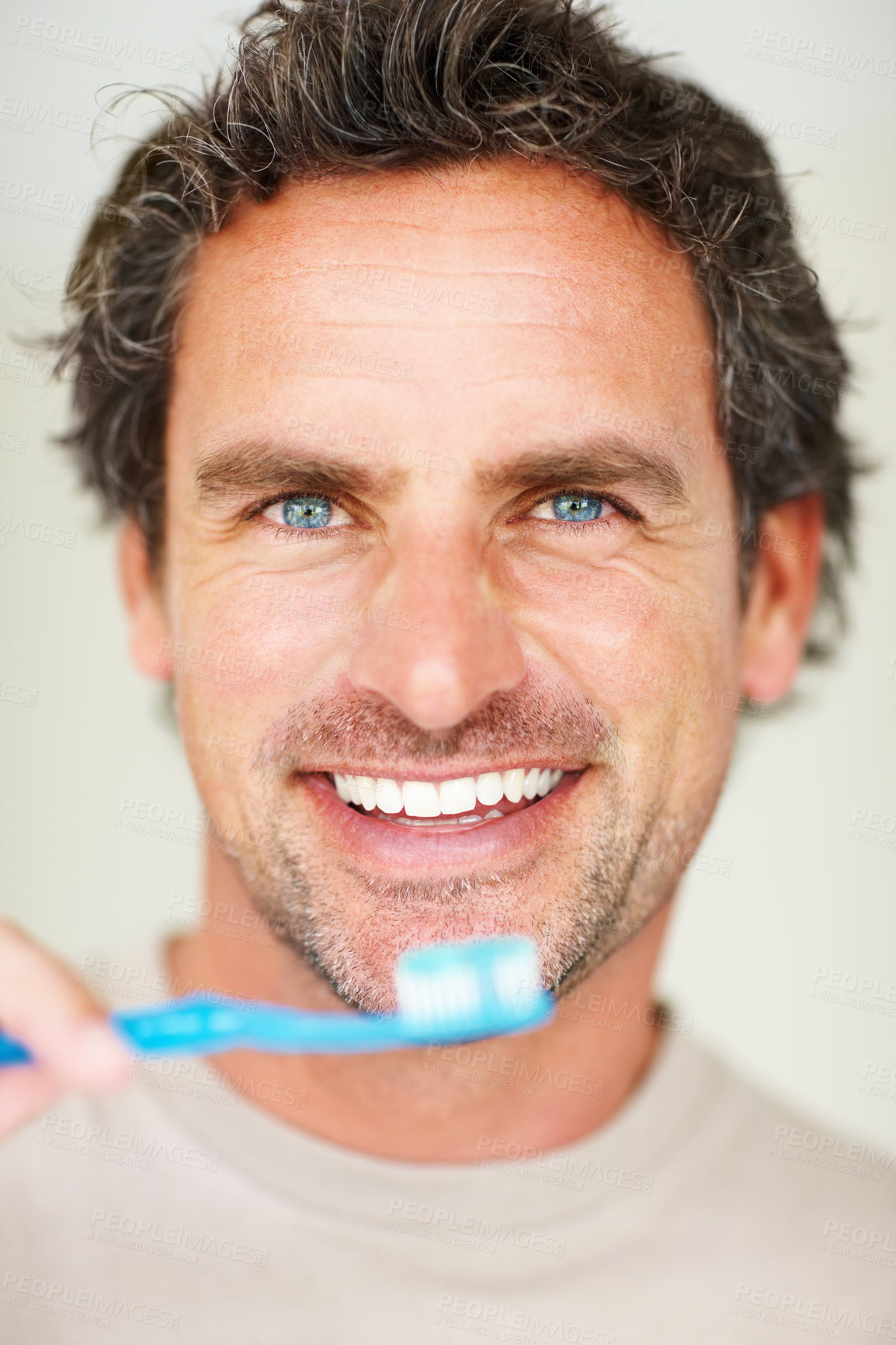 Buy stock photo Dental, man and portrait with smile or toothbrush for morning routine, hygiene and healthy mouth. Mature, person and face or happy with brush for cleaning, washing and oral health with confidence