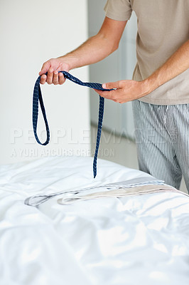 Buy stock photo Hands, bedroom and choice for tie and fashion to wear at work in morning and getting ready. Home, shirt and deciding on outfit for business meeting, style and smart casual theme for new corporate job