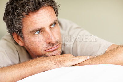 Buy stock photo Thinking, relax and mature man in bed in the morning after nap, break or comfortable at home. Daydreaming, idea and male person from Canada wake up in bedroom for rest on cozy day in apartment.