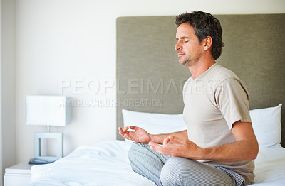 Buy stock photo Bed, morning and man with meditation, yoga and peace with routine, fitness and wellness. Bedroom, home and person with breathing, energy or spiritual with peace, balance and zen with health or lotus