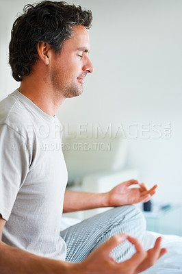 Buy stock photo Lotus hand and man on bed with meditation, peace and mental health wellness in his home. Breathing, balance and male person relax in bedroom with spiritual, healing or holistic self care