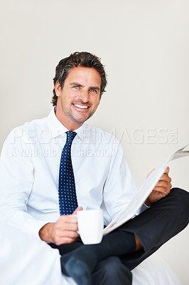 Buy stock photo Businessman, portrait and happy with coffee or newspaper in bedroom of home for morning routine and news. Entrepreneur, person and face with article, cappuccino or espresso for story and information