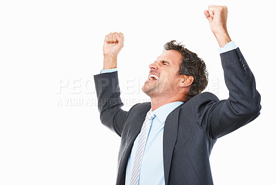 Buy stock photo Business man, winner and success in studio for celebration, achievement or winning of bonus, sales or profit. Excited corporate worker with fist, yes and shouting or opportunity on a white background