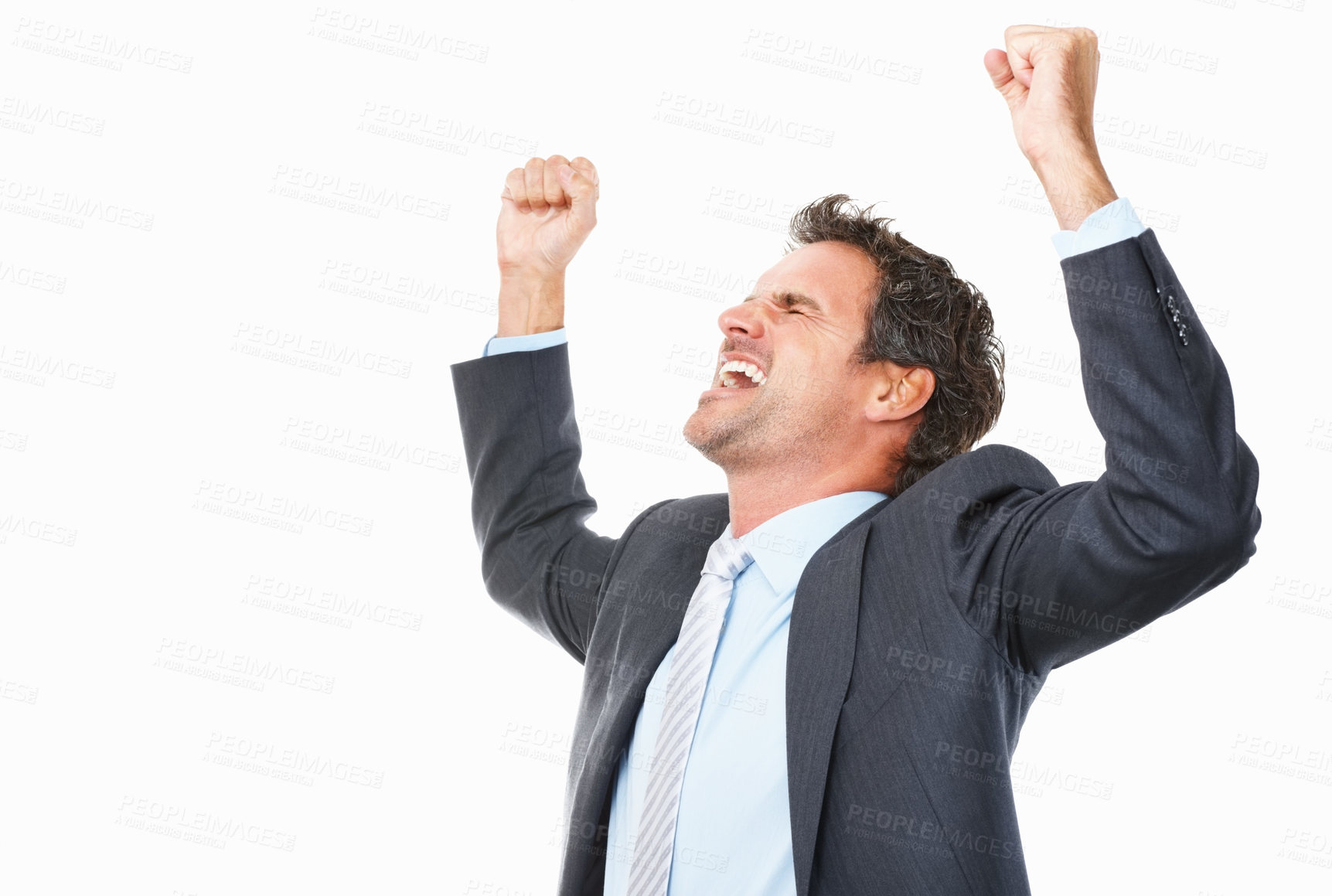 Buy stock photo Business man, winner and success in studio for celebration, achievement or winning of bonus, sales or profit. Excited corporate worker with fist, yes and shouting or opportunity on a white background