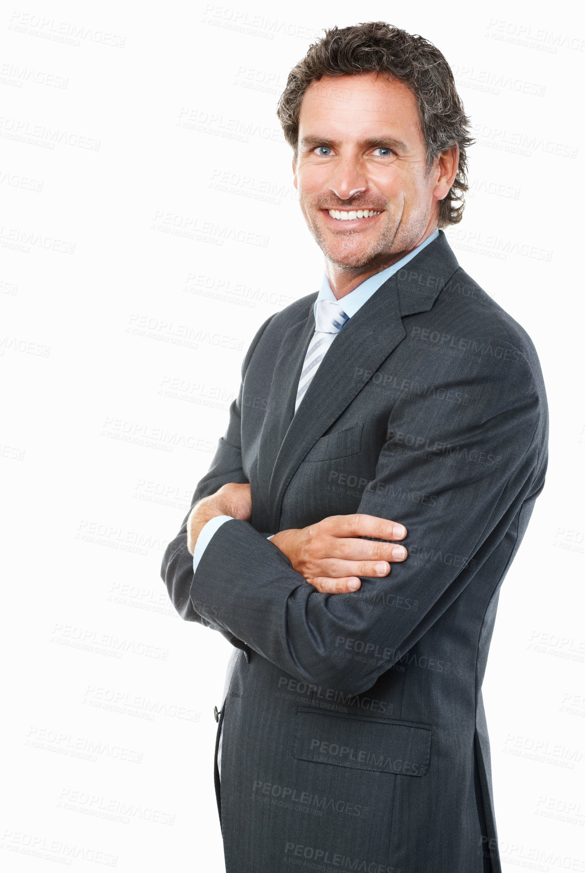 Buy stock photo Portrait, happy business man and arms crossed in studio for corporate consulting, financial advisor and professional entrepreneur on white background. Mature manager, executive and broker in suit 