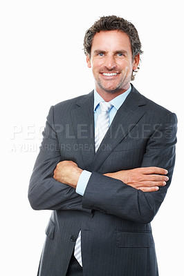 Buy stock photo Portrait, mature business man and arms crossed in studio for corporate consulting, executive work and professional broker on white background. Happy manager, financial advisor or entrepreneur in suit