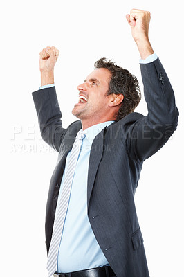 Buy stock photo Business man, winner and yes in studio for celebration, achievement or winning of bonus, sales or profit. Excited corporate worker with fist, success and freedom for opportunity on a white background