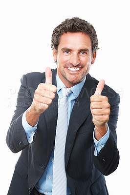 Buy stock photo Business man, thumbs up and portrait in success, support and yes or like emoji isolated on a white background. Face of professional boss or corporate winner with thank you, vote or good job in studio