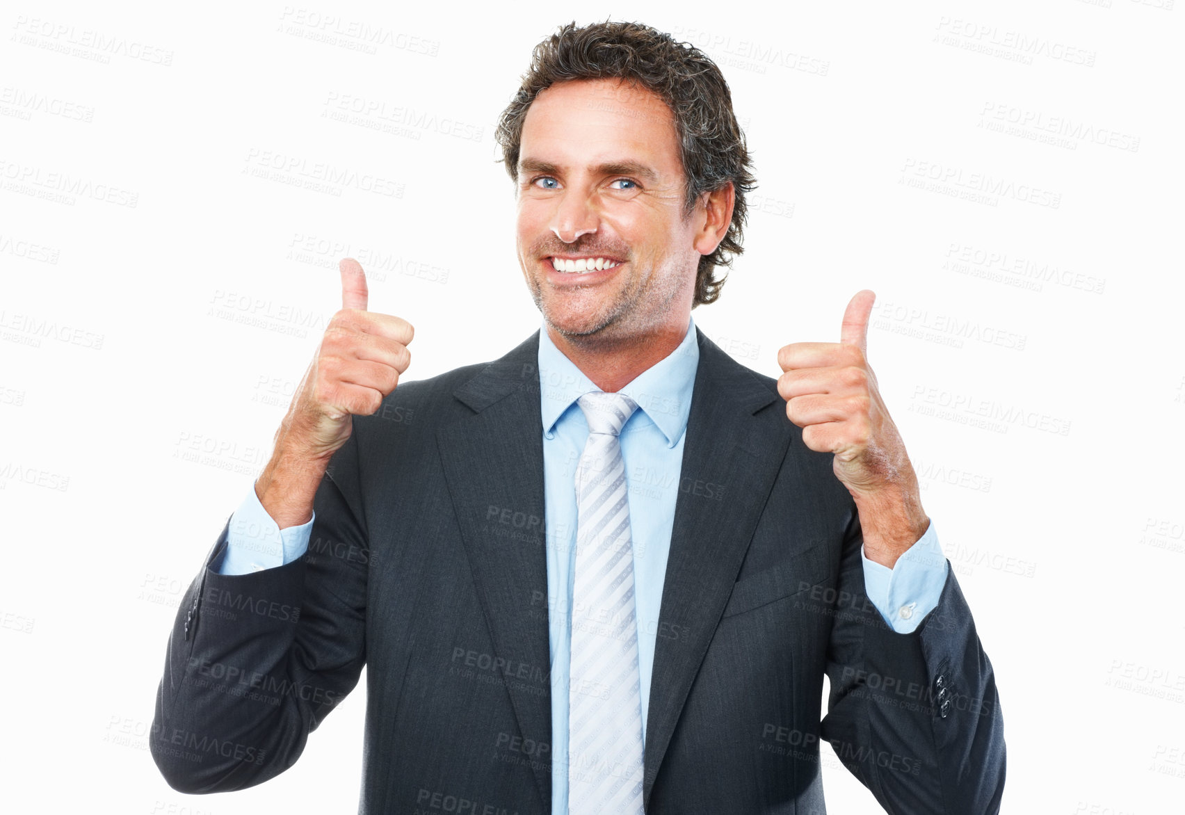 Buy stock photo Business man, thumbs up and happy in success, support and yes or like emoji isolated on a white background. Portrait of professional boss or corporate winner for thank you, vote or good job in studio