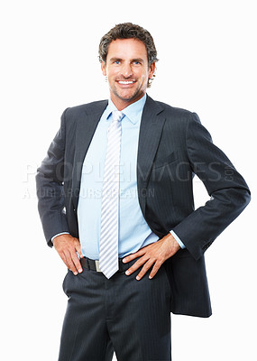 Buy stock photo Portrait, mature business man and corporate accountant in studio with pride, professional experience or executive entrepreneur. Happy manager, financial consultant or sales broker on white background