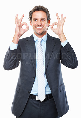 Buy stock photo Businessman, ok and smile in portrait, promotion and agreement or approval by white background. Male person, face and emoji or icon, yes and like or success, satisfaction and good job or well done