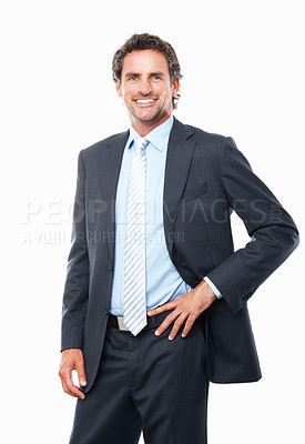 Buy stock photo Portrait, happy business man and corporate accountant in studio with pride, professional experience or executive manager. Mature entrepreneur, financial salesman or broker in suit on white background