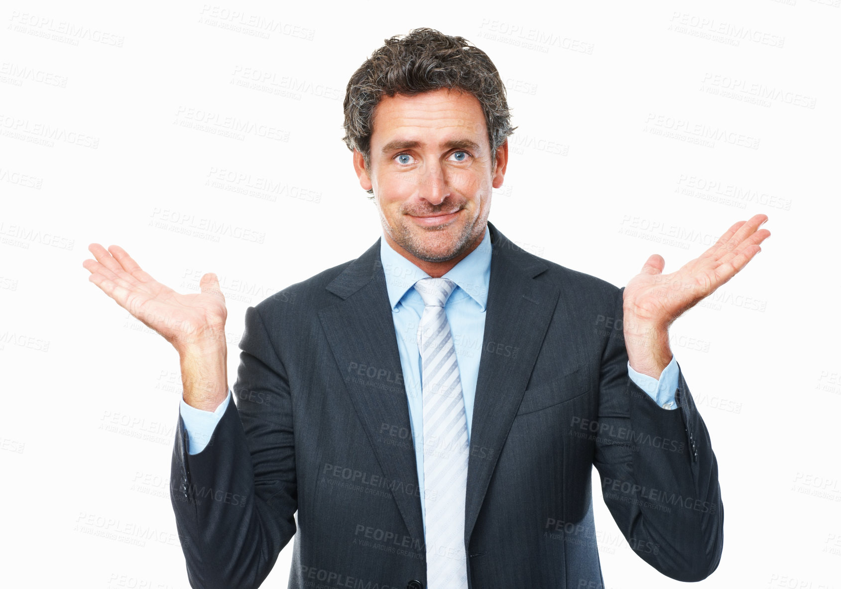 Buy stock photo Portrait of business man, palm and choice, comparison or balance scale isolated on white studio background. Face, shrug or confused professional with decision, doubt and hand gesture, why or question