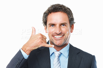 Buy stock photo Portrait, business man or smile for call me, hand sign and news communication in studio on white background. Happy mature entrepreneur gesture to mobile chat, conversation or networking for feedback 