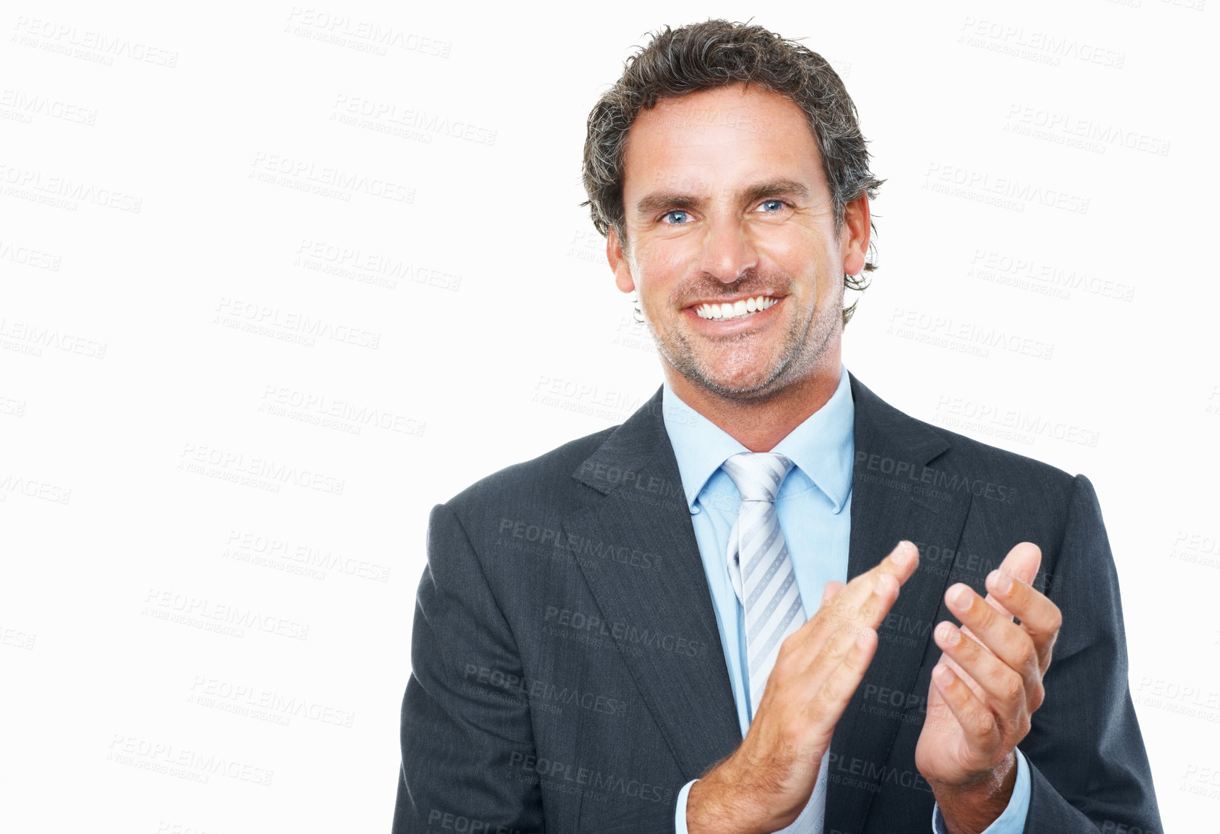 Buy stock photo Business man, portrait and applause in studio for success, praise or congratulations to winner on white background. Happy mature entrepreneur clapping hands to celebrate winning award at mockup space