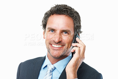 Buy stock photo Businessman, phone call and smile for networking, portrait and deal on tech, chat and studio. Male person, communication and connection or discussion on smartphone, consulting and white background
