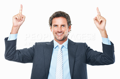 Buy stock photo Business man, portrait and pointing in studio for advertising deal, promotion and information on white background. Happy mature entrepreneur show presentation of feedback, offer and news announcement