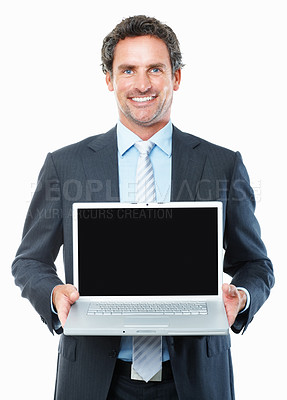 Buy stock photo Business man, laptop screen and mockup for advertising website, stock market sign up or presentation in studio. Portrait of mature trader, computer space or trading registration on a white background