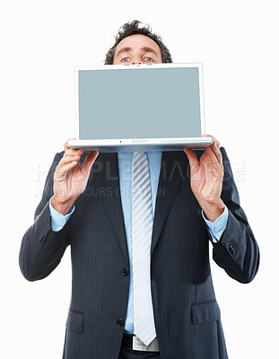 Buy stock photo Business man, portrait or laptop screen in studio for advertising feedback, offer or mockup newsletter on white background. Worker cover face with computer for announcement, presentation or web space
