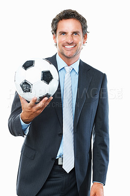 Buy stock photo Businessman, portrait and happy with football in studio for soccer, marketing or sport advertisement. Mature, entrepreneur or face and smile with ball, confidence and pride on white background