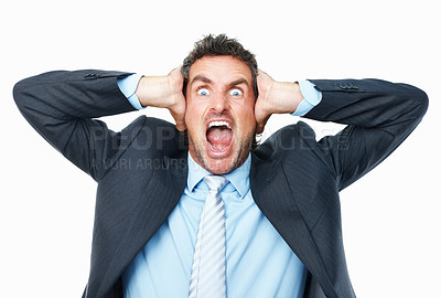 Buy stock photo Frustrated, shouting and portrait of business man in studio for burnout crisis, problem and mistake. Corporate manager, stressed out and isolated worker screaming, angry and upset on white background