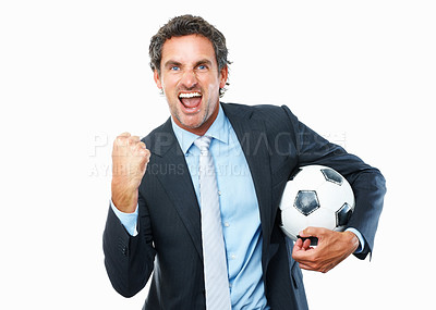 Buy stock photo Portrait, football and business with man, celebration and employee isolated on white studio background. Face, person and model with sports, excited and cheering with victory, winning and mockup space