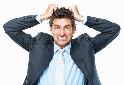 Buy stock photo Frustrated, stress and portrait of business man in studio for burnout crisis, problem and mistake. Corporate manager, stressed out and isolated worker screaming, angry and upset on white background