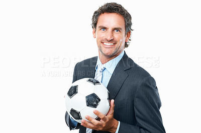 Buy stock photo Business man, soccer ball and smile in portrait, positive mindset for club investment or career. Male person, face and happy for professional footballer job, coach and motivated for future or work