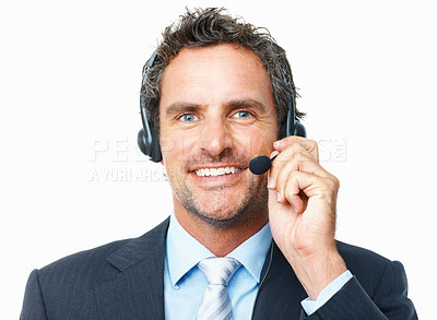 Buy stock photo Business man, call center portrait and happy communication, customer service or support in studio. Face of corporate agent, sales consultant or financial advisor in headphones on a white background