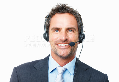 Buy stock photo Consultant, call center portrait and happy communication, customer service or support on a white background. Face of a professional agent, business man or mature advisor for FAQ or contact in studio