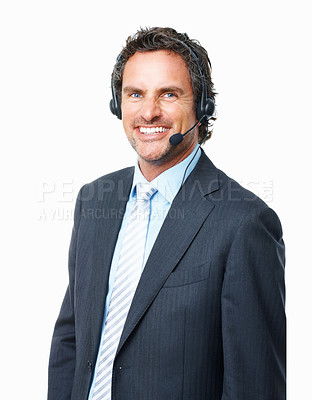 Buy stock photo Consultant man, call center portrait and customer service, communication or e commerce support on a white background. Face of a happy agent or mature business advisor with FAQ or contact in studio