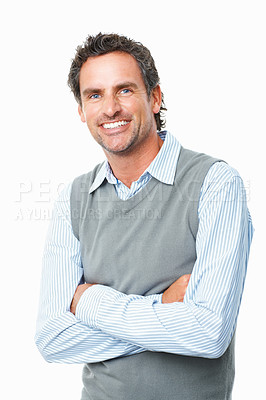 Buy stock photo Smile, crossed arms and mature businessman in studio with positive, good and confident attitude. Happy, portrait and professional male person from Australia with career isolated by white background.