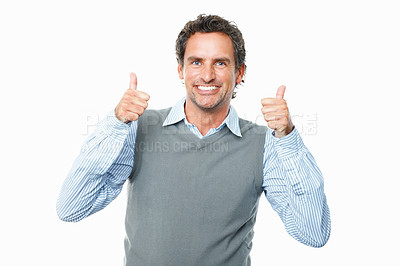 Buy stock photo Smile, thumbs up and mature businessman in studio with approval, good and agreement expression. Happy, portrait and professional male person with positive hand gesture isolated by white background.