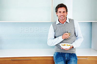 Buy stock photo Businessman, portrait and morning breakfast in home for nutrition meal with juice, fruit or healthy. Male person, face and apartment kitchen as corporate professional with diet food, hungry or snack