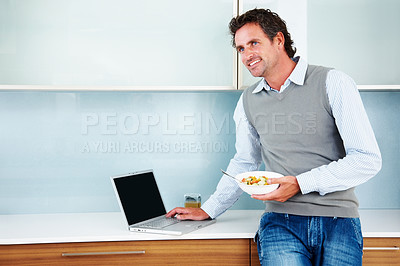 Buy stock photo Businessman, laptop and breakfast thinking with healthy nutrition or morning, thoughts or brainstorming. Male person, research and diet meal or startup vision as entrepreneur in home, kitchen or idea