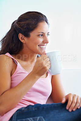 Buy stock photo Thinking, coffee break and woman relax house happy, resting or enjoying peaceful moment, day off or me time. Face, smile and female person in a living room with tea, calm or weekend freedom chilling