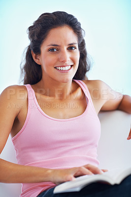 Buy stock photo Portrait, relax and happy woman reading books, information or fantasy fiction story, autobiography or creative novel. Wellness, happiness and person free time, hobby and smile for english literature 