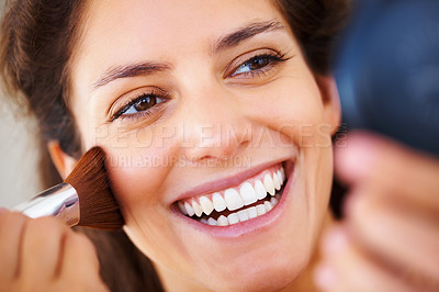 Buy stock photo Face, beauty and makeup cosmetic brush on a woman with a happy and positive smile. Clear skin, healthy teeth and dental teeth whitening care results of a smiling female with glamour cosmetics 