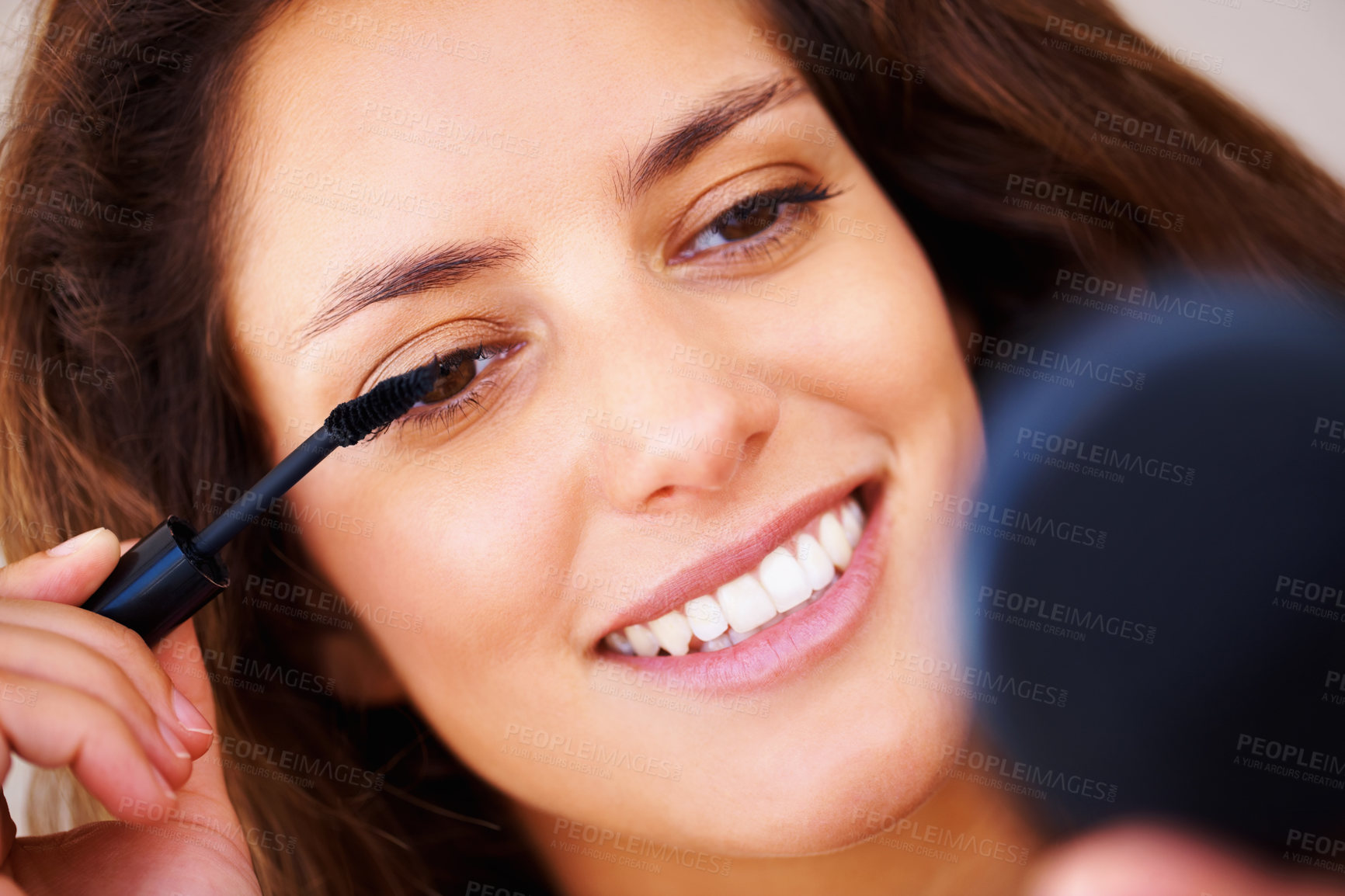 Buy stock photo Mirror, makeup and happy woman with mascara brush application in a house for morning routine or eyelash care. Face, beauty and lady person smile for lashes, volume or cosmetic, extensions or results