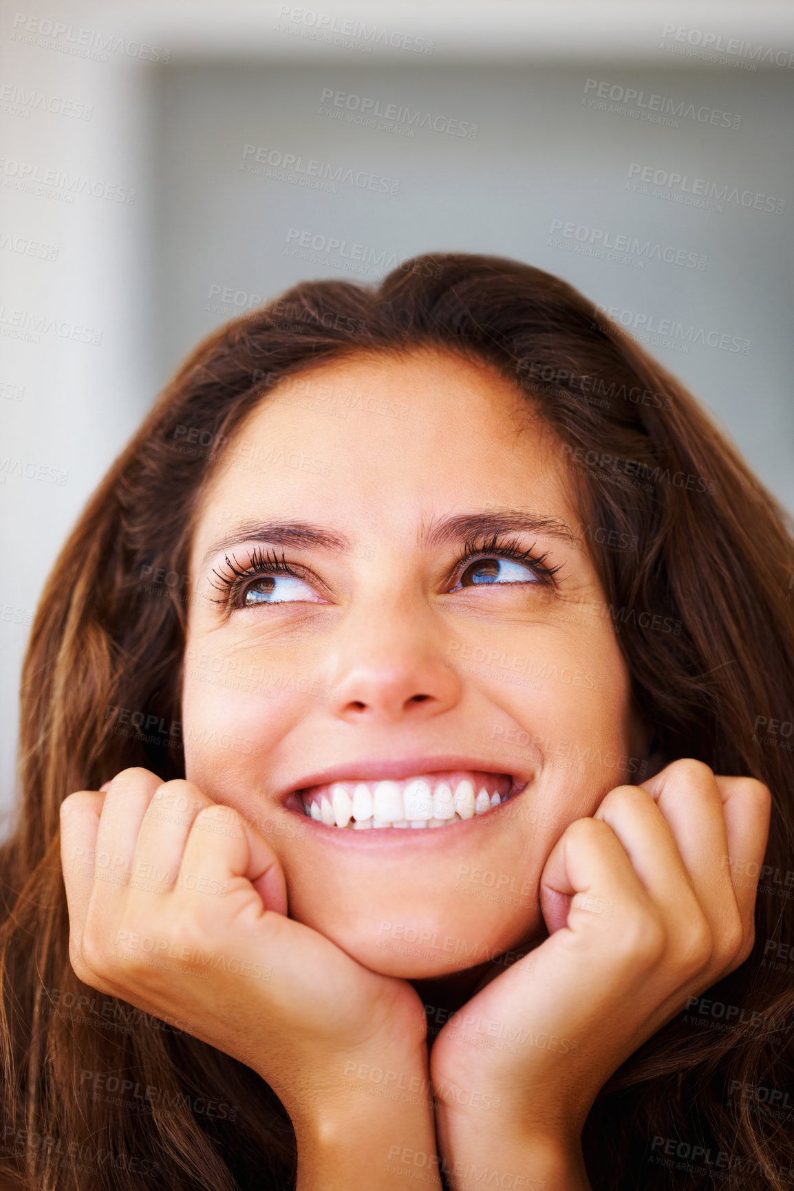 Buy stock photo Smile, thinking and face of young woman with hands on her chin for dreaming and wondering. Happy, cute and beautiful female person with an idea, planning or brainstorming facial expression or gesture