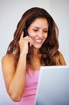 Buy stock photo Woman, phone call and laptop with remote work and freelancer networking with a smile at home. Computer, communication and happy digital worker with talking and web information in a house with mobile